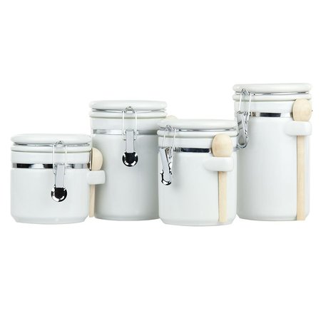 HOME BASICS 4 Piece Ceramic Canister Set with Wooden Spoons, White CS44154